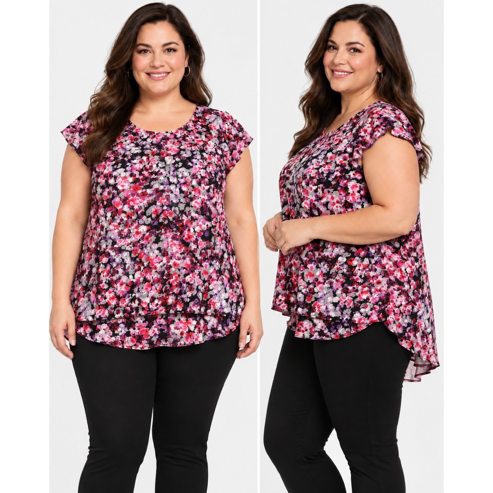 Boutique+ Womens 1X Pink Purple Floral Blouse Short Flutter Sleeve High Low Hem